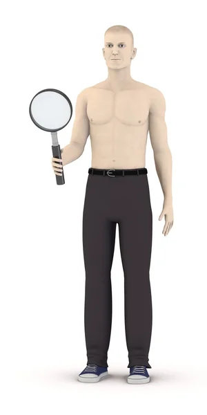 3d render of artificial character with loupe — Stock Photo, Image