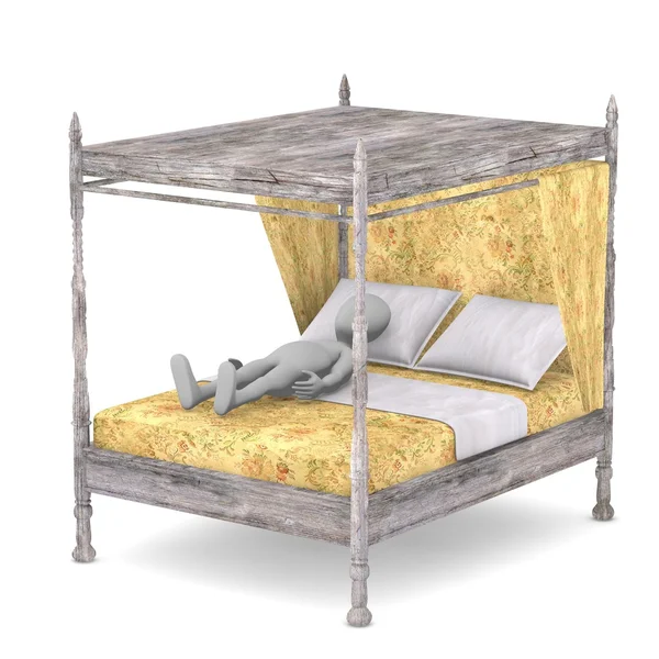 3d render of cartoon character with old bed — Stock Photo, Image