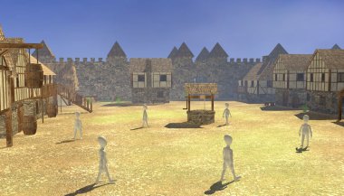 3D render karikatür karakter ortaçağ köyü