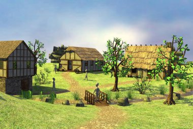 3D render karikatür karakter ortaçağ köyü