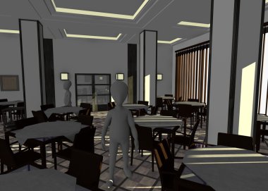 çizgi film karakteri restoranında 3D render