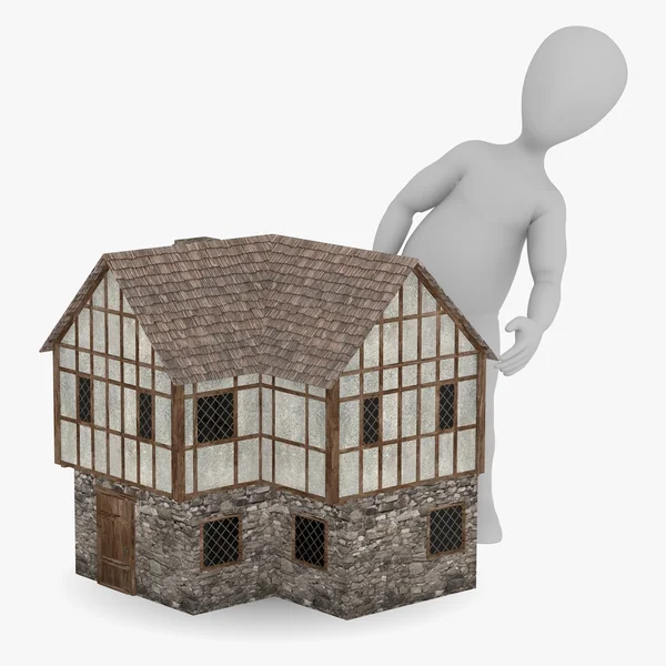 3D render av seriefiguren med medeltida byggnad — Stockfoto