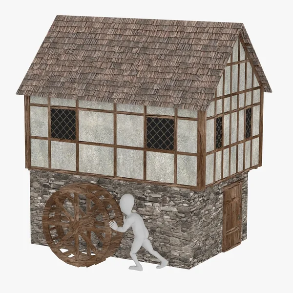3D візуалізація мультиплікаційного персонажа з середньовічною будівлею — стокове фото