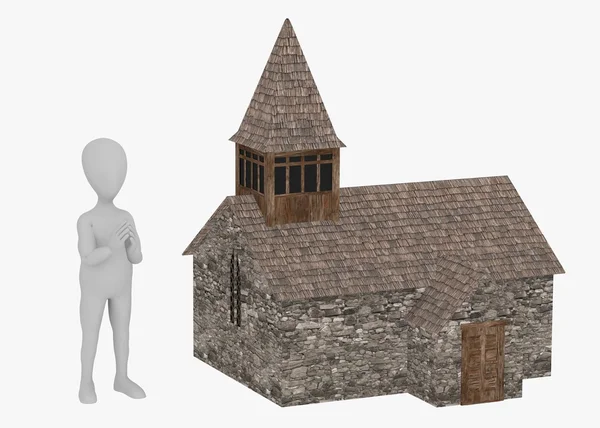 3D render av seriefiguren med medeltida byggnad — Stockfoto