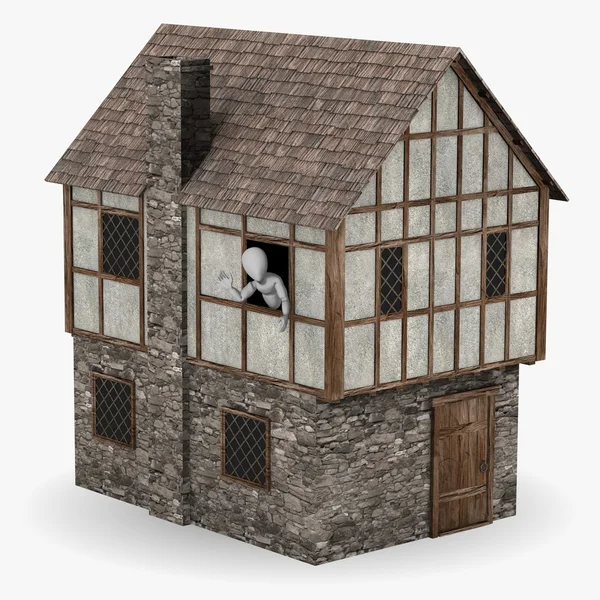3D vykreslení kreslené postavičky s středověká budova — Stock fotografie