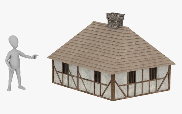 3D визуализация персонажа мультфильма со средневековым зданием — стоковое фото