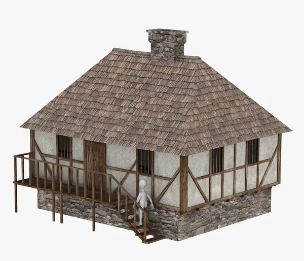 3D καθιστούν χαρακτήρα κινουμένων σχεδίων με μεσαιωνικό κτήριο — Φωτογραφία Αρχείου