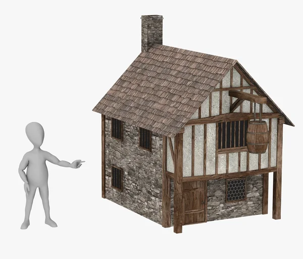 3D визуализация персонажа мультфильма со средневековым зданием — стоковое фото