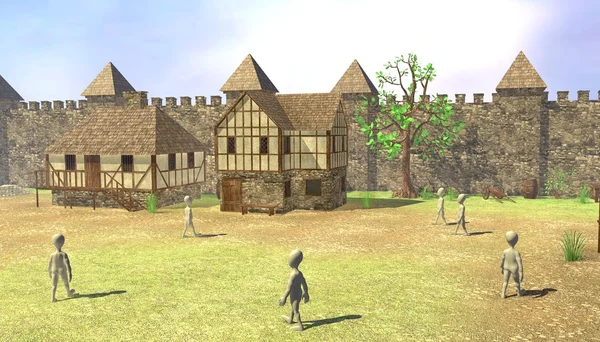 3d renderização de personagens de desenhos animados na aldeia medieval — Fotografia de Stock