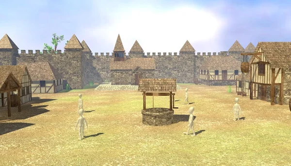 3D render van stripfiguren in middeleeuws dorpje — Stockfoto