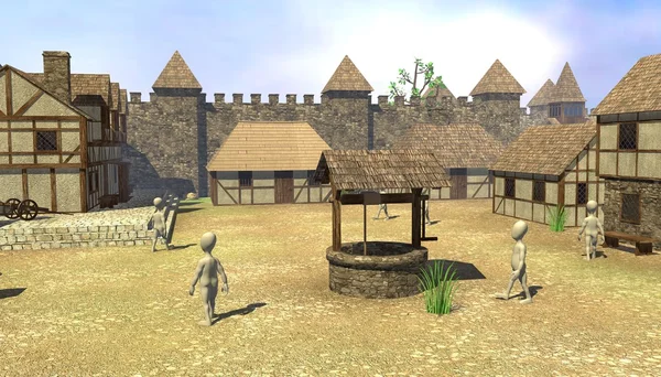 3D καθιστούν από χαρακτήρες κινουμένων σχεδίων στο μεσαιωνικό χωριό — Φωτογραφία Αρχείου