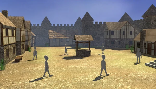 3D καθιστούν από χαρακτήρες κινουμένων σχεδίων στο μεσαιωνικό χωριό — Φωτογραφία Αρχείου