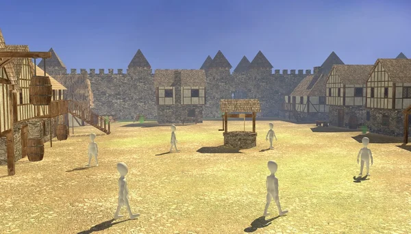 3D render av seriefigurer i medeltida byn — Stockfoto