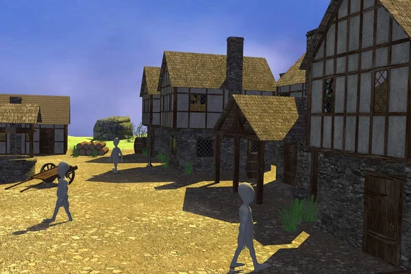 在中世纪的村庄中的卡通人物的 3d 呈现器 — 图库照片