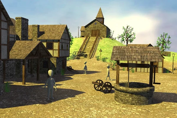 3D визуализация персонажей мультфильмов в средневековой деревне — стоковое фото