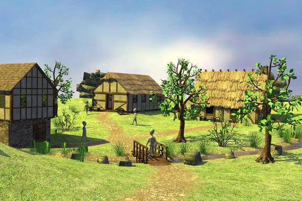3d renderização de personagens de desenhos animados na aldeia medieval — Fotografia de Stock