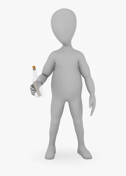 Renderização 3d de personagem de desenho animado com mensagem em garrafa — Fotografia de Stock