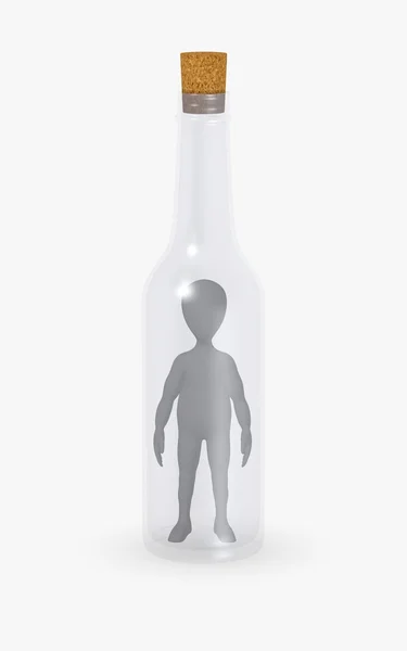 3D render van stripfiguur met boodschap in een fles — Stockfoto