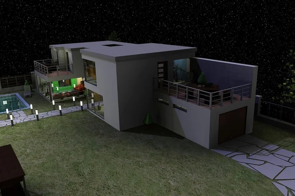 Ház modern építészeti 3D render — Stock Fotó