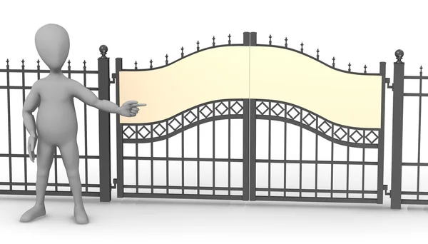 3d renderizado de personaje de dibujos animados con puerta de valla — Foto de Stock