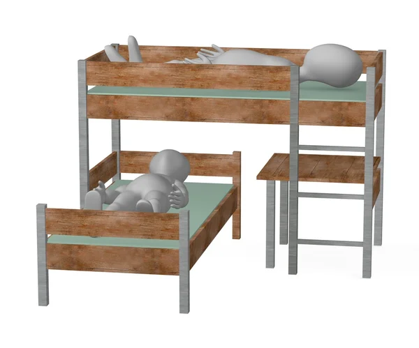 3D renderowania postaci z kreskówek na łóżku palanda — Zdjęcie stockowe