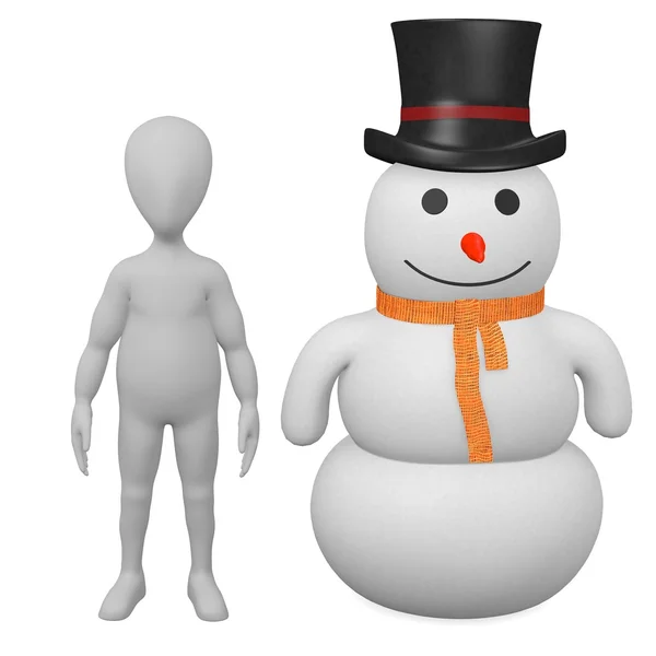 3d render of cartoon character with snowman — Stock Photo, Image