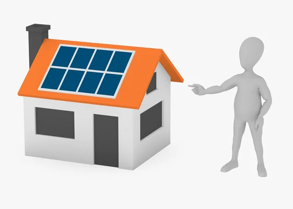 3D render van stripfiguur met solar house — Stockfoto