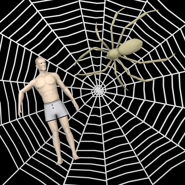 3d renderização de caráter artificial na teia de aranha — Fotografia de Stock