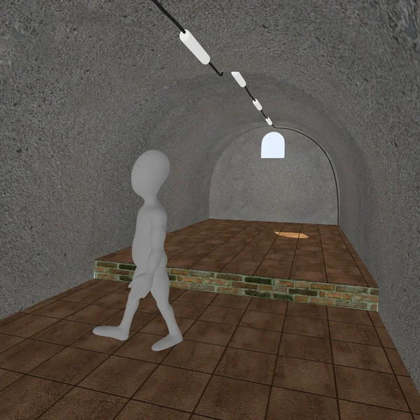 3D рендер персонажа мультфильма в подвале — стоковое фото