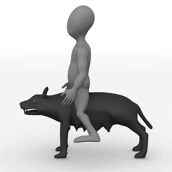 3D render van stripfiguur op wolf — Stockfoto