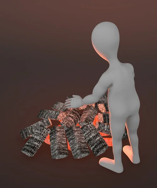 3D render şömine ile çizgi film karakteri — Stok fotoğraf