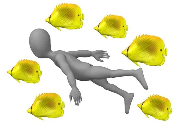 3D vykreslení kreslené postavičky s rybami — Stock fotografie