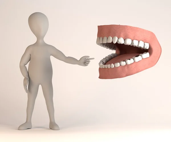 3d 呈现器的卡通人物与人类的牙齿 — 图库照片