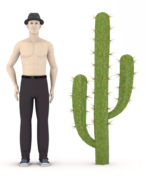 3D-Darstellung eines künstlichen Männchens mit Kaktus — Stockfoto