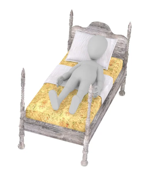 Çizgi film karakteri yatakta 3D render — Stok fotoğraf