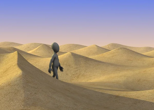 모래 사막에 만화 캐릭터의 3d 렌더링 — 스톡 사진