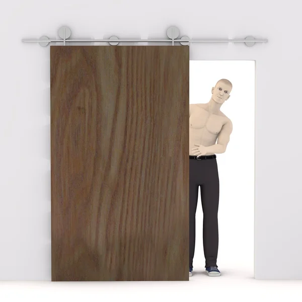 3d renderização de caráter artificial atrás da porta — Fotografia de Stock