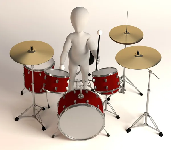 Çizgi film karakteri drumset ile 3D render — Stok fotoğraf