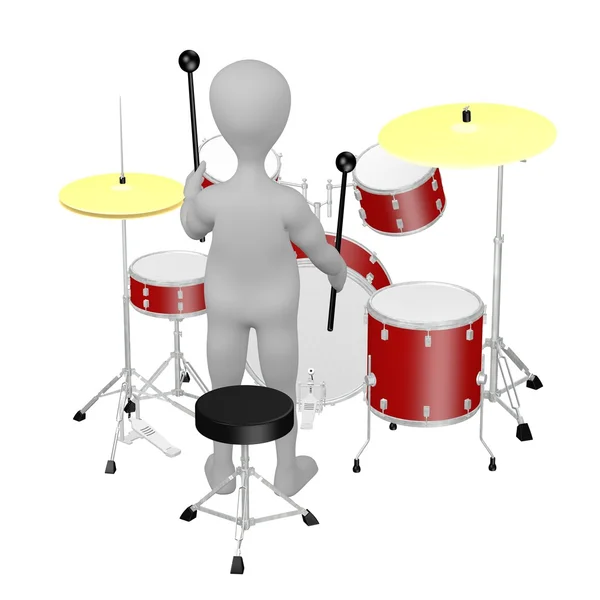 3D визуализация персонажа мультфильма с барабанным набором — стоковое фото