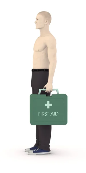 3D візуалізація штучного персонажа з коробкою першої допомоги — стокове фото