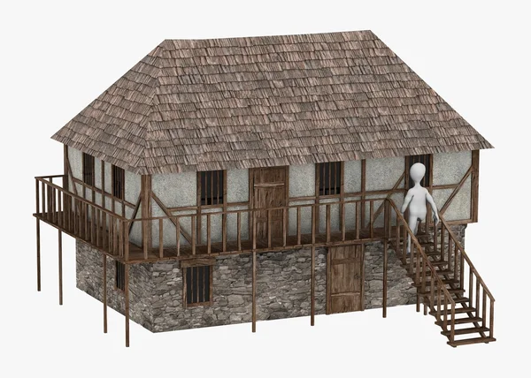 3d render of cartoon character with medieval building — Stock Photo, Image