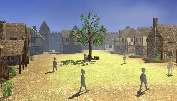 3D render rajzfilmfigurák középkori falu — Stock Fotó