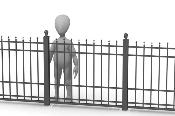 3D render çit ile çizgi film karakteri — Stok fotoğraf