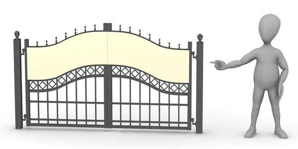 3D render çit kapısı ile çizgi film karakteri — Stok fotoğraf