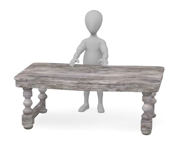 3D візуалізація мультиплікаційного персонажа зі старим дерев'яним столом — стокове фото