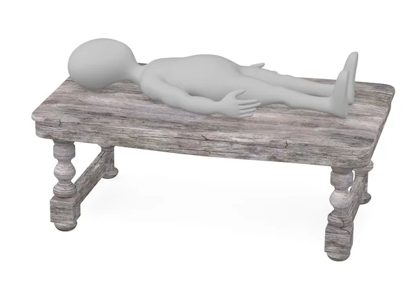 Renderização 3d de personagem de desenho animado com mesa de madeira velha — Fotografia de Stock