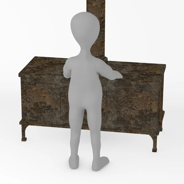 3D визуализация персонажа мультфильма со старой печью — стоковое фото