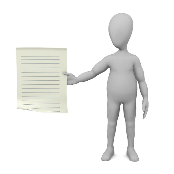 3d render of cartoon character with piece of paper — Stock Photo, Image