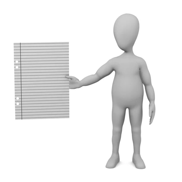 3d renderização de personagem de desenho animado com pedaço de papel — Fotografia de Stock