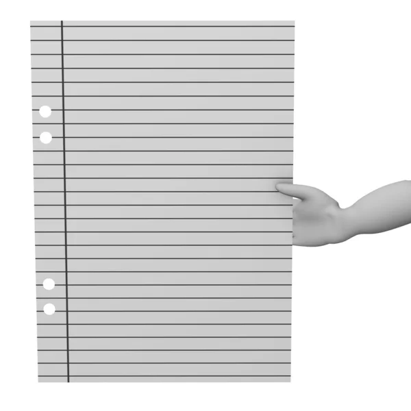 3d renderização de personagem de desenho animado com pedaço de papel — Fotografia de Stock